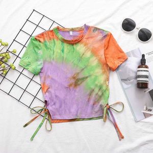 Casual Women O Neck Slim T-shirt Sommar Mode Ladies High Street Cool Kvinna Tie-Dye Midja Drawstring Top 210527