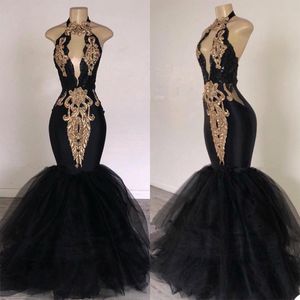 Luxurious Applique Beaded Evening Dresses 2021 Black Shiny Sleeveless Deep V Neck Mermaid Slim Fit Prom Gowns Vestidos
