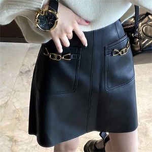 Fitaylor höst vinter kvinnor mode smal hög midja pu mini kjolar casual a-line solid färg svart faux läder kjolar 211120