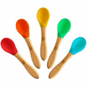 Baby Spoon Silicone Cutlery Infant Auxiliary Cutlery Boys Wooden Handle Kids Training Spoons Home Dinnerware Kitchen Accessories WLY BH4711