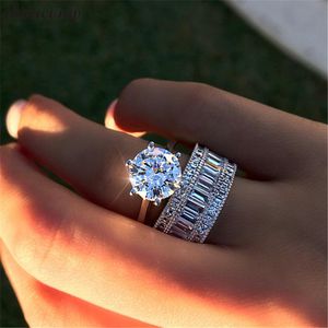 ビンテージ3CTラボダイヤモンドリングブライダルセットリアル925スターリングシルバーの婚約ウェディングバンドリング女性男性宝石ジュエリー