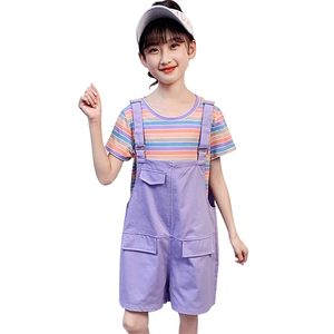 Teenager Mädchen Kleidung Regenbogen Stirped T-shirt + Overall Casual Stil Trainingsanzug Mädchen Sommer Trainingsanzüge für Kinder 210527