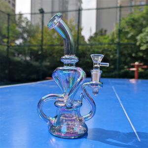 9 Inch 22CM Rainbow Metalic Tinted Hookah Glass Bong Water Pipe Recycler 14mm Joint Smoking Bubbler