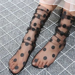 セクシーなPolka Dot Tule Socks女性魚網透明ロングソックス薄い面白い靴下フェムメストリートウェアカルセインマザードレス211204