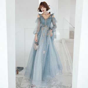 Ethnic Clothing Vestidos Fairy Blue V Neck Prom Dresses 2021 Vintage Long A-line Tulle Evening Dress Banquet Gowns Qipao