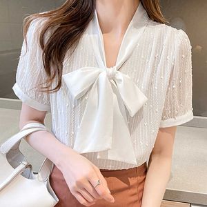 Yaz Şifon Bayan Üstleri Ve Bluzlar Kore Moda Kısa Kollu Beyaz Ofis Lady Blusa Artı Boyutu XXL Kadın Gömlek 210531