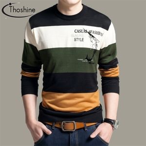 Thoshine marca primavera primavera outono estilo homens malha fina blusas listrado o-pescoço padrão pulôvers masculino casual outwear patchwork tops 201022