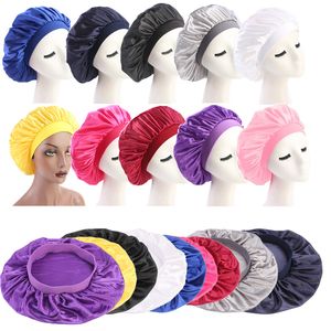 58cm Adjust Solid Satin Bonnet Hair Styling Cap Women Night Sleep Hat Silk Head Wrap Shower Cap Long Hair Styling Accessories