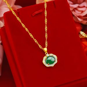 Fashion 24K Gold Chain Necklace Pendant for Women Gemstone Jewelry Green Emerald Stone Zircon Jade Clavicle Necklace Chocker Q0531