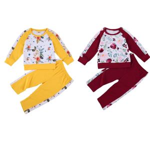 Clothing Sets 1-5Y Autumn Sporty Outfits Toddler Kid Girl Boys Rose Flower Print Red/Yellow Patchwork Long Sleeve Hoodies + Pants