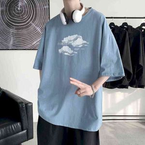 Harajuku Summer Men's Short Sleeve Tshirt Loose Round Neck Casual Male Tops Cloud Print Harajuku Fashion Men T Shirt Korean Tees G1217