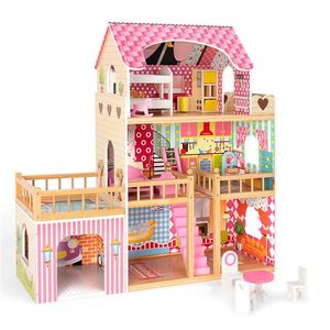 US Stock Dollhouse Doll Blocks Toy Family House with 7 pcs Furniture, Play Accessories a51217y