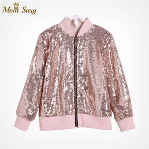 Girls Sequins Jacket Spring Autumn Cotton Outerwear Kids Long Sleeve Coat Children Solid Shiny Clothes 211023