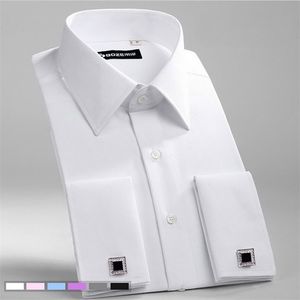 Męskie Slim Fit Francuski Spinki do mankietów Koszula Non żelaza Z Długim Rękawem Bawełniana Męska Koszulka Tuxedo Formalne męskie Sukienka Koszule z francuskimi mankietami 210628