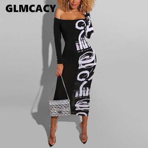 Women Abstract Letter Printed Casual Maxi Dress Off Shoulder Bodycon Long Party Dress Classy Church Dress 210702