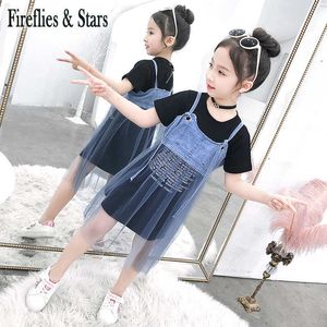 Sommer Mädchen 2 Stück Set Baby langes T-Shirt + Tutu-Kleid Kinderanzug Kinder Set Mode Briefdruck Denim Strap Mesh 4 bis 13 Jahre X0902