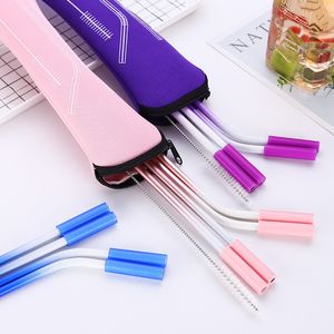 6 Colors Stainless Steel Gradient Color Straw Set With Anti-Scratch Silicone Head Metal Reusable Eco-Friendly Drinking Straw LX3588