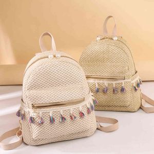 2021 Women Straw Ryggsäck Mode Tassel Vävd axelväska Kvinna Multi Fickor Ryggsäck Strand Travel Väskor Tjejskola Bag Y1105