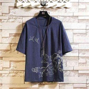 Linho de manga curta camiseta de verão branco preto tshirt t-shirt top tees chinês moda roupas oversize 4xl 5xl o pescoço 210716