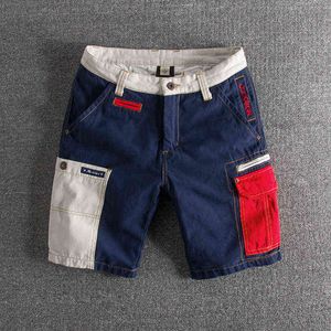 006 Summer Men Shorts Trend Contrast Stitching Washed Multi-Pocket Slim Cargo Cotton Youth Steetwear Hip-Hop Male Pants Clothes H1210