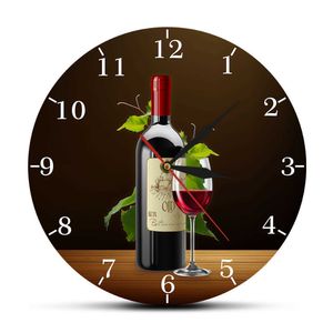 Red and White Winery Winery Dirginal Sign Nowoczesna Kuchnia Clock Butelki Wineglasses z winogronami Home Bar Tawern Zegar ścienny 210930