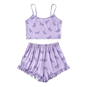 Mulheres de verão Pijama conjunto bonito impresso padrão pijama suspensórios sexy noite homewear tops e shorts 2- peça 210809