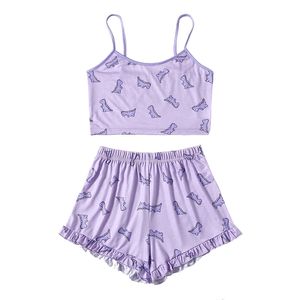 Sommar kvinnor pyjama set söt tryckt mönster pyjamas suspenders sexig natt hemliga ärmlösa toppar och shorts 2-stycke 210809