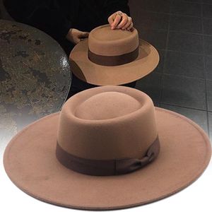 Stingy Brim Hattar Höst Vinter Kvinnor Panama Felt Hat Fedoras Wide Bow För Kvinnlig Brittisk Stil Vintage Lady Flat Cap