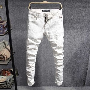 Italiensk stil mode män jeans högkvalitativ vit elastisk bomull rippad smal passform vintage designer denim byxor hombrre ddfi