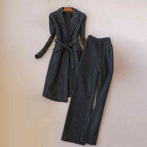 Winter temperament long striped jacket feminine Elegant office suit high quality Fashion wide leg pants Two-piece 210527