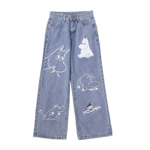 Cartoon Pattern Printed Jean Y2K Fashion Clothes Casual Loose Denim Trousers Blue Straight Leg Long Pants For Ladies 210629