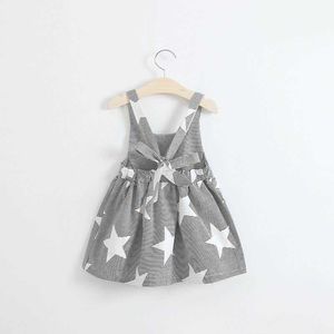 Summer Girl Dress Star Sun Moon Print Black White Stripe Backless Beach Odzież dziecięca 2-7y E3065 210610