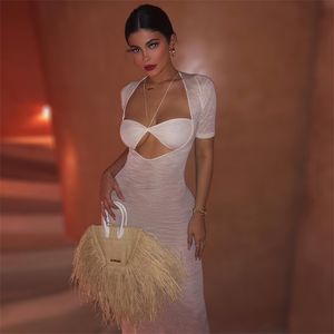 شيك Kyliejenner حفل افتتاح La Piana فستان طويل مثير بديبا الأبيض انظر من خلال قطع ثقب المفتاح الشفافة الشق ماكسي ثوب 210302