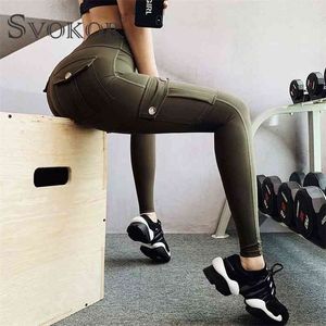 Schokor Wojskowy styl Fitness Legginsy z kieszeniami Kobiety Wysoka Talia Hip Lift Spodnie Sexy Booty Marydowanie Zewnętrzne Wear Casual 210925