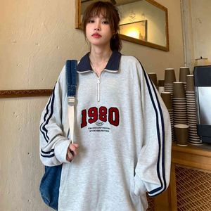 Sweatshirt Kvinnor 80s Polo Shirt Letter Print Casual Loose Zipper Streetwear Chic Lapel Collar Oversized Hoodie