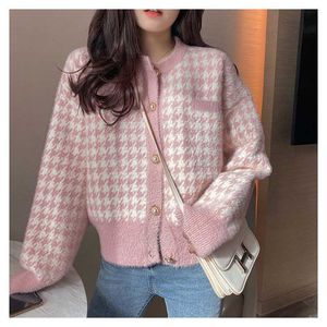 Koreanska Houndstooth Short Sweater Cardigan Jacka Kvinnor Elegant Imitation Mink Fleece Knitwear Toppar Vintage O-Hals Stickade Coats 211007