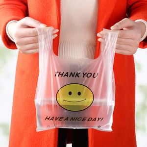 100 sztuk / paczka Smiley Kamizelka Dziękujemy Torba Na Zakupy Eco Supermarket Retailing Custom Transparent Plastic Net Bag