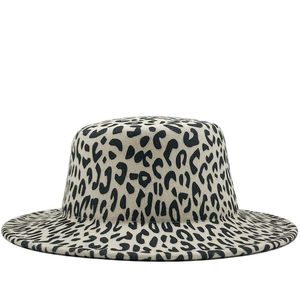 Skąpy brzegi kapelusze szerokie lamparta druk płaski top wełniany fedora filcu kapelusz dla kobiet jesień zima boater jazz cap czarny zespół