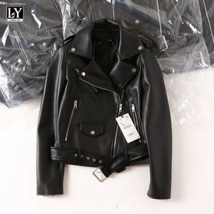 LY VAREY LIN Spring Autumn Women Biker Jacket Streetwear Slim Fit Turn Down Collar Pu Leather with Belt Female 210526