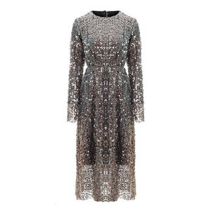 PERHAPS U Glitter Elegant Club Party O Neck Gray Sequined Bling Long Sleeve Knee Length Autumn Spring Dress D0906 210529