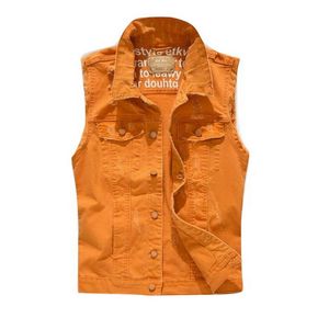 Mäns västar Fancy Orange Färg Slim Fit Ripped Stretch Denim Jacket Fringe Ärmlös Hål Distressed Waistcoat Casual Vest