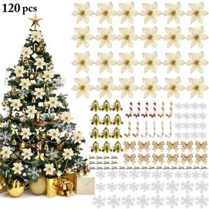 120 pcs / 1 conjunto de árvore de natal ornamentos artificiais flores de natal arcos Bells snowflakes pequeno cana clip para festa de casamento chri 211104