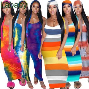 Kvinnor randiga klänningar designer slimsexy spaghetti rem maxi klänning rem slips färgämne ärmlös strand bodycon kjolar sommar kläder plus storlek