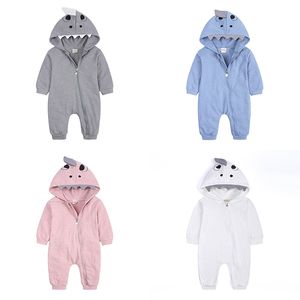 Cartoon Shark Hooded Jumpsuits Infant Rompers Outfits Bomull Zipper Toddler Höst Jumpsuit Nyfödd One-Piece M3617