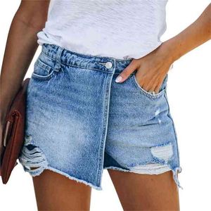Fashion Ripped Repaired Denim Shorts Casual Button Women Summer Party Comfortable Breathable-wt 210621