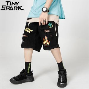 Männer Hip Hop Cargo Shorts Streetwear Feuer Flamme Graffiti Harajuku Jogger Baumwolle Sommer Track Kurze Taschen Lose 210716