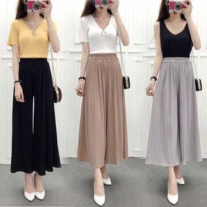 Sommer Neue Breite Bein Hosen frauen Casual Lose Chiffon Gefaltete Rock Hosen Russische Heiße Mode Streetwear Hosen Für Mädchen q0801