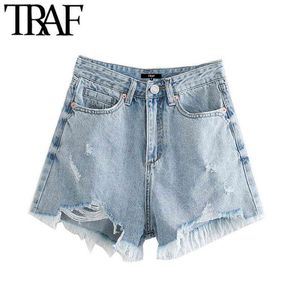 TRAF mulheres chique bolsos de moda desgastado hem rasgado denim shorts vintage cintura alta zíper mosca feminina curta calça jeans mujer 211129