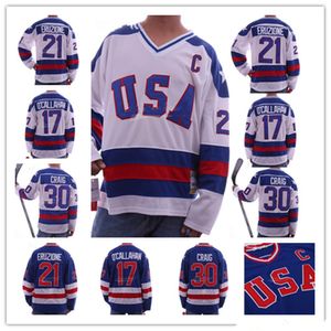 1980 Miracle på Ice Team USA 30 Jim Craig Jersey 17 Jack O'Callahan 21 Mike Eruzione Blue White Stitched Hockey Jerseys