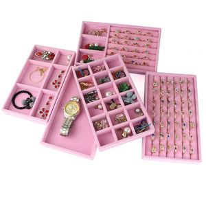 Sammet rosa grå smycken lagringsfack ring örhängen arrangör lådor högkvalitativa vackra smycken bricka 18 slots